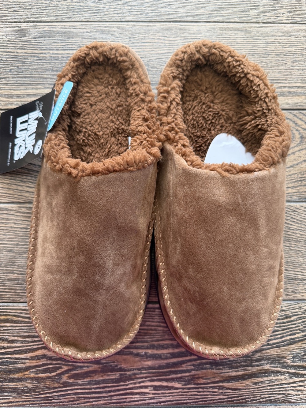 Muk Luks Tan Suede Fleece-Lined‎ Slip-On Slippers Camel Medium 10-12 Cozy